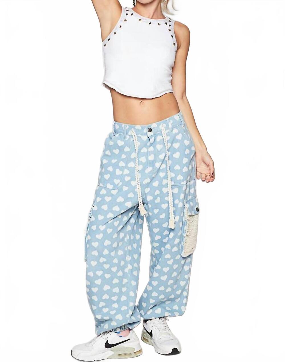 NEW POL crochet overlay pockets woven twill pants in heart denim